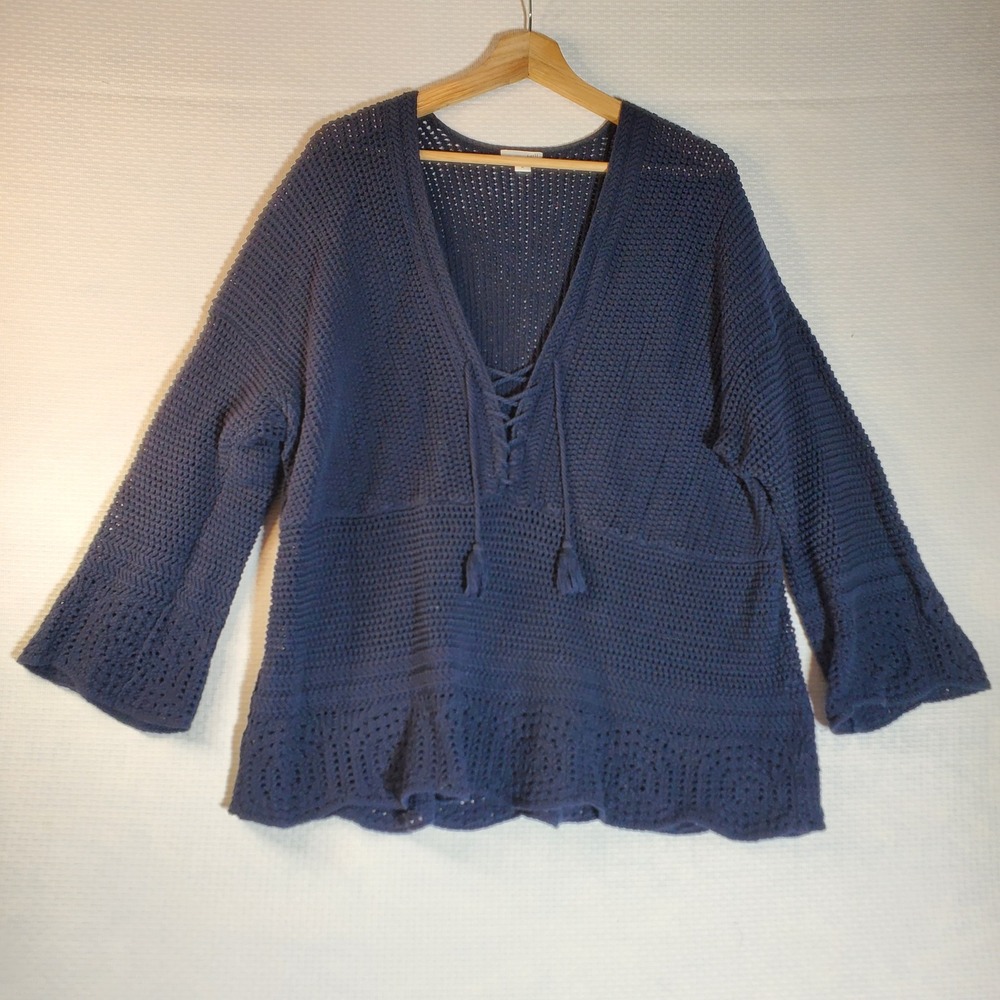 J. Jill Navy Blue Crochet Lace Up Cotton Sweater XL Bell Sleeve Boho Beachy Vaca